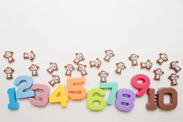 Numero Bambini Colorati Scimmie Simboli Matematici Della Scuola Educazione Precoce — Foto Stock