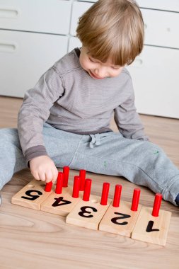 Montessori metodolojisinin ahşap figürleri. Matematik çocukları çocuklar için bulmaca sayıyor. Geliştirilmesi gereken bilgisayar oyunları eğitimi. Zeki bir çocuk matematik oyuncağı. Sayı oyunu tahtası.