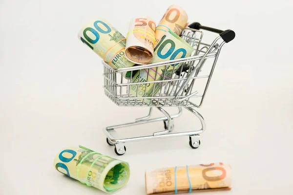 Gastando Dinero Tienda Mini Carrito Compras Con Billetes Euros Finanzas — Foto de Stock