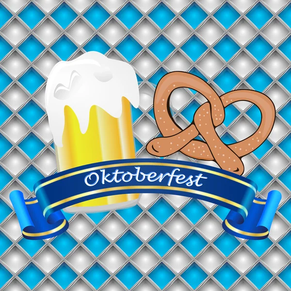 Oktoberfest πανό με μπύρα και κουλουράκι σε βαυαρικό φόντο - εικόνα — Φωτογραφία Αρχείου