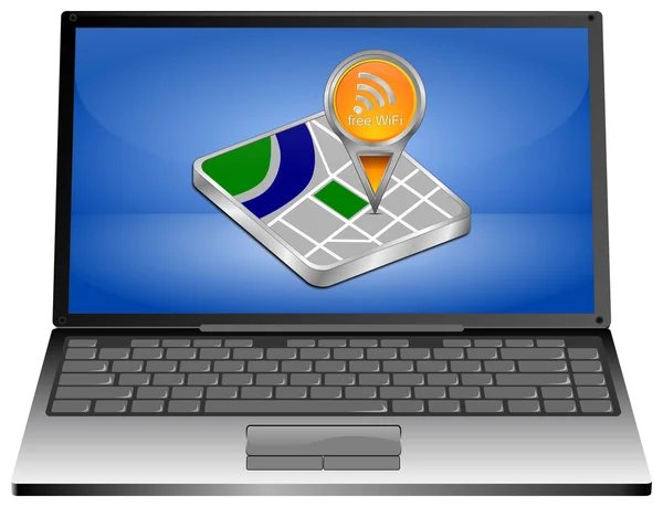 Laptopcomputer met kaart-aanwijzer met gratis Wifi symbool - 3d illustratie — Stockfoto