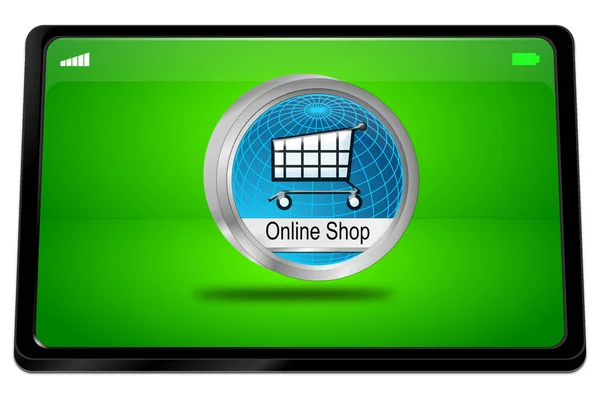 Tablet Počítač Online Shop Tlačítko Lesklé Zelené Ploše Ilustrace — Stock fotografie