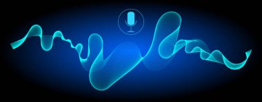 Mikrofon ve parlak mavi ses dalgalarıyla ses tanıma - illüstrasyon