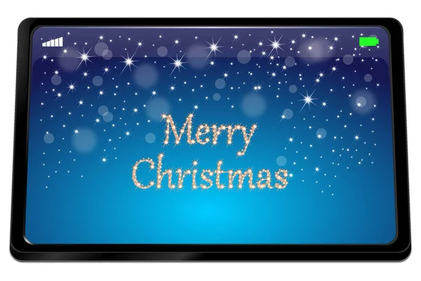 Parlak Mavi Arkaplanlı Mutlu Noeller Tablet Bilgisayarı Illüstrasyon — Stok fotoğraf