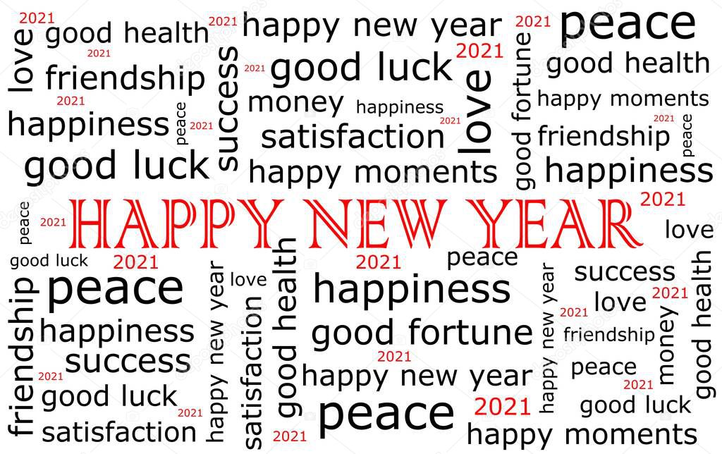 Happy New Year 2021 wordcloud on white background  illustration