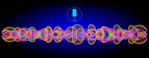 Voice Recognition with a microphone and blue pink yellow sound waves - illustration