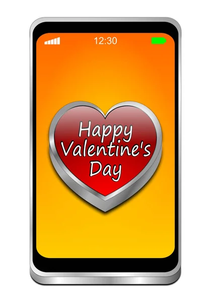 Smartfon Happy Valentines Day Pomarańczowym Wyświetlaczu Ilustracja — Zdjęcie stockowe