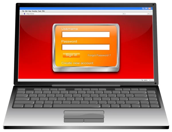 Laptop Computer Mit Orangefarbenem Login Bildschirm Auf Rotem Desktop Illustration — Stockfoto