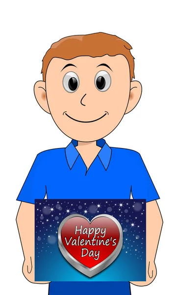 Young Man Holding Glossy Blue Happy Valentines Day Card Illustration — Stock Photo, Image