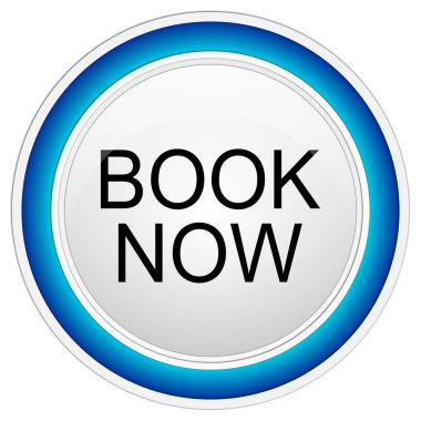 Kitap şimdi beyaz arkaplan illüstrasyonunda mavi düğme