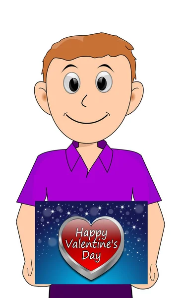 Młody Człowiek Purpurowej Koszuli Kartką Happy Valentines Day Ilustracja — Zdjęcie stockowe