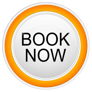 Kitap şimdi beyaz arkaplan illüstrasyonunda turuncu düğme