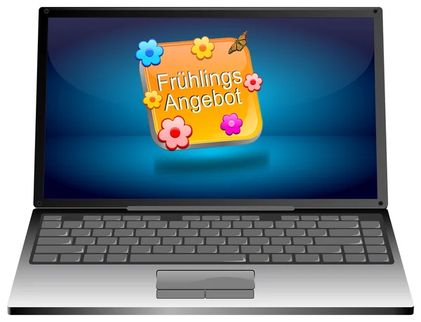 Laptop computer with spring sale button - in german — Stock Photo, Image