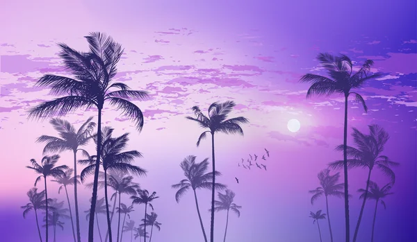 Palmeras tropicales exóticas al atardecer o a la luz de la luna, con nubes — Vector de stock