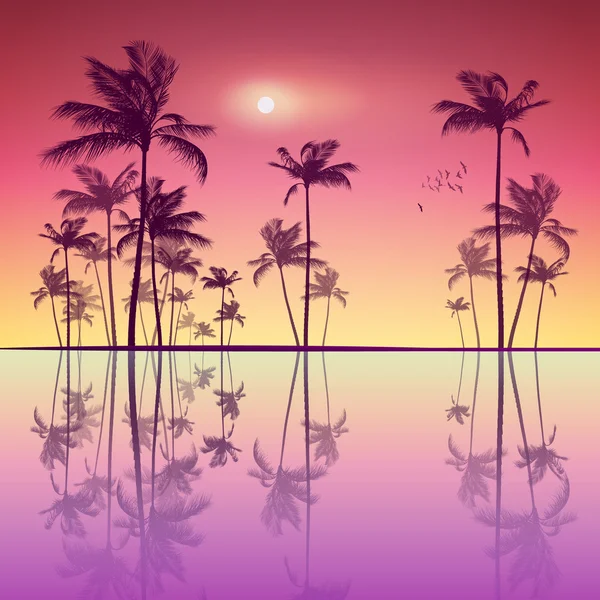 Paysage de palmiers tropicaux au coucher du soleil ou au clair de lune, avec r — Image vectorielle