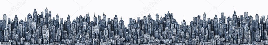 City skyline. Hand drawn Illustration with architecture, skyscrapers, megapolis, buildings downtown
