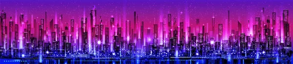 Night City Skyline Neon Glow Illustration Architecture Skyscrapers Megapolis Buildings — Stock Vector