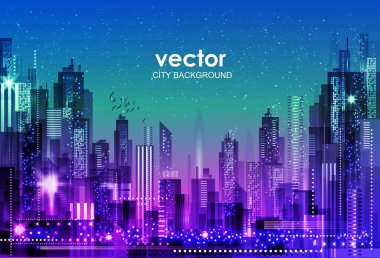 Kentsel vektör şehri geceleri. Skyline şehir siluetleri. Şehir arka planı mimari, gökdelenler, megapolis, binalar, şehir merkezi.