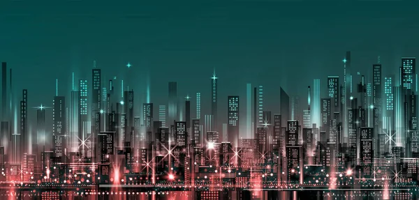 Skyline Van Night City Achtergrond Met Architectuur Wolkenkrabbers Megapolis Gebouwen — Stockfoto