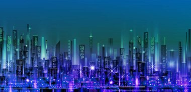 Gece Şehri silüeti. Mimari, gökdelenler, megapolis, binalar, şehir merkezi.