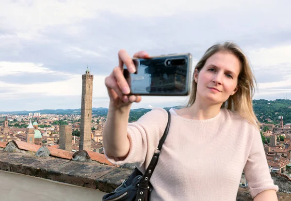 Young Beautiful Blonde Woman Tourist Taking Selfie Portrait Two Towers — Foto de Stock