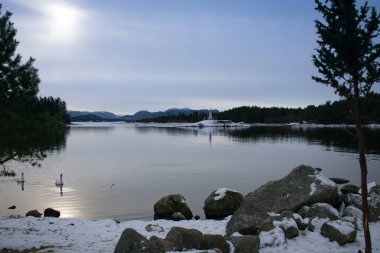 Norveç 'in Rogaland kentindeki Turist Adası Kış Zamanı Jrpelandsholmen Adası 