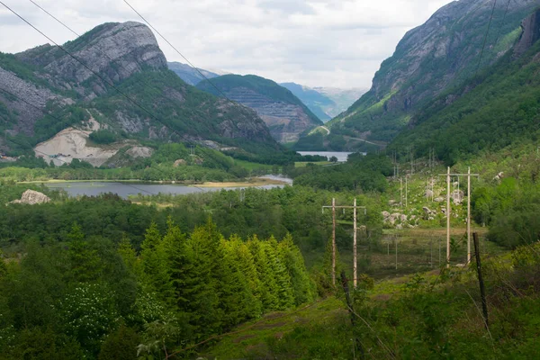 Power Lines Landelijke Bergen Europa Noorwegen Met Fjorden Achtergrond Green — Stockfoto