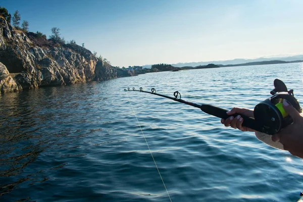 Fiskespö Och Rulle Närbild Från Båt Havet Stavanger Norge — Stockfoto