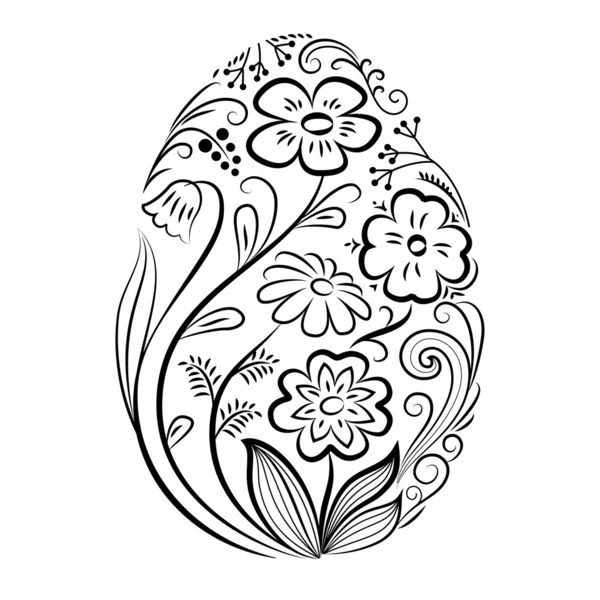 Easter-egg-with-floral-pattern-in-black-and-white — Stock Vector