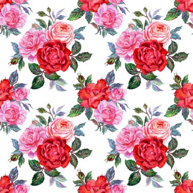 Gül buketleri pürüzsüz desen, beyaz arka planda suluboya çizim, izole, tekstil, ev mobilyası ve diğer tasarımlar için baskı.