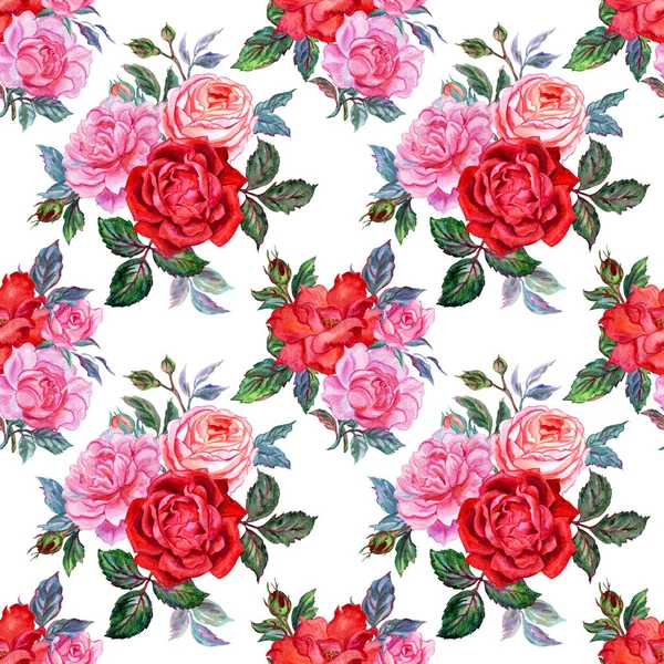 Gül buketleri pürüzsüz desen, beyaz arka planda suluboya çizim, izole, tekstil, ev mobilyası ve diğer tasarımlar için baskı.