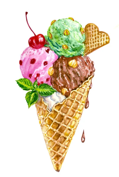 美味的甜冰激凌 带有浆果 巧克力和坚果 色彩斑斓的蛋卷 白色背景的水彩画 各种产品和设计的印刷品 — 图库照片
