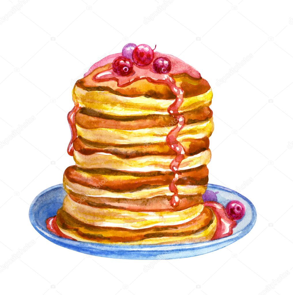 Pancakes with cranberry jam on a blue plate, watercolor illustration isolated on a white background, print for various products and designs.