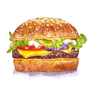 Beyaz arkaplanda iki hamburger, suluboya çizimi, menü için çizim, poster, tekstil, çeşitli ürünler için dekor.