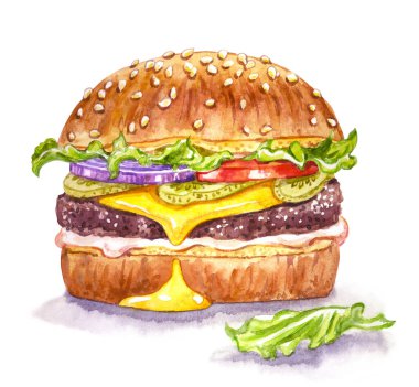 Beyaz arkaplanda iki hamburger, suluboya çizimi, menü için çizim, poster, tekstil, çeşitli ürünler için dekor.