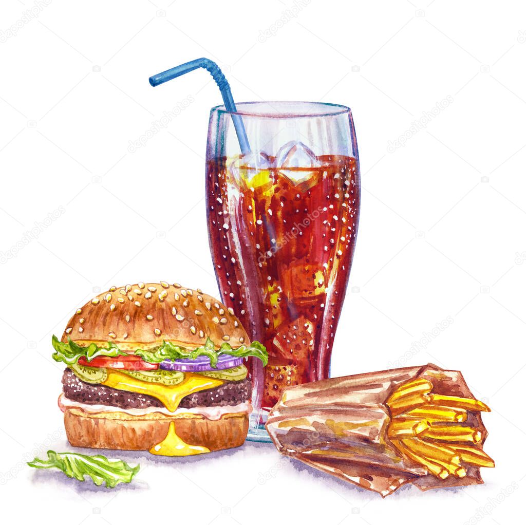 Glass with cola and, burger and fries, watercolor illustration on a white background, isolated. Food drawing, illustration for menu, print for various designs.