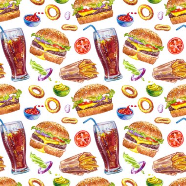 Hamburger, patates kızartması, soğan halkaları ve beyaz arkaplanda kola deseni. Menüler, duvar kağıtları, tekstil ve diğer tasarımlar için fast food arka planı, suluboya resimleme.