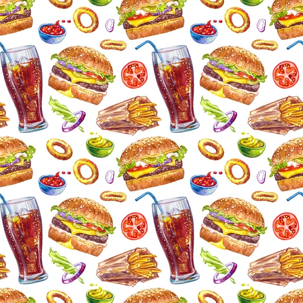 Patroon Met Hamburgers Frietjes Uienringen Cola Een Witte Achtergrond Fast — Stockfoto