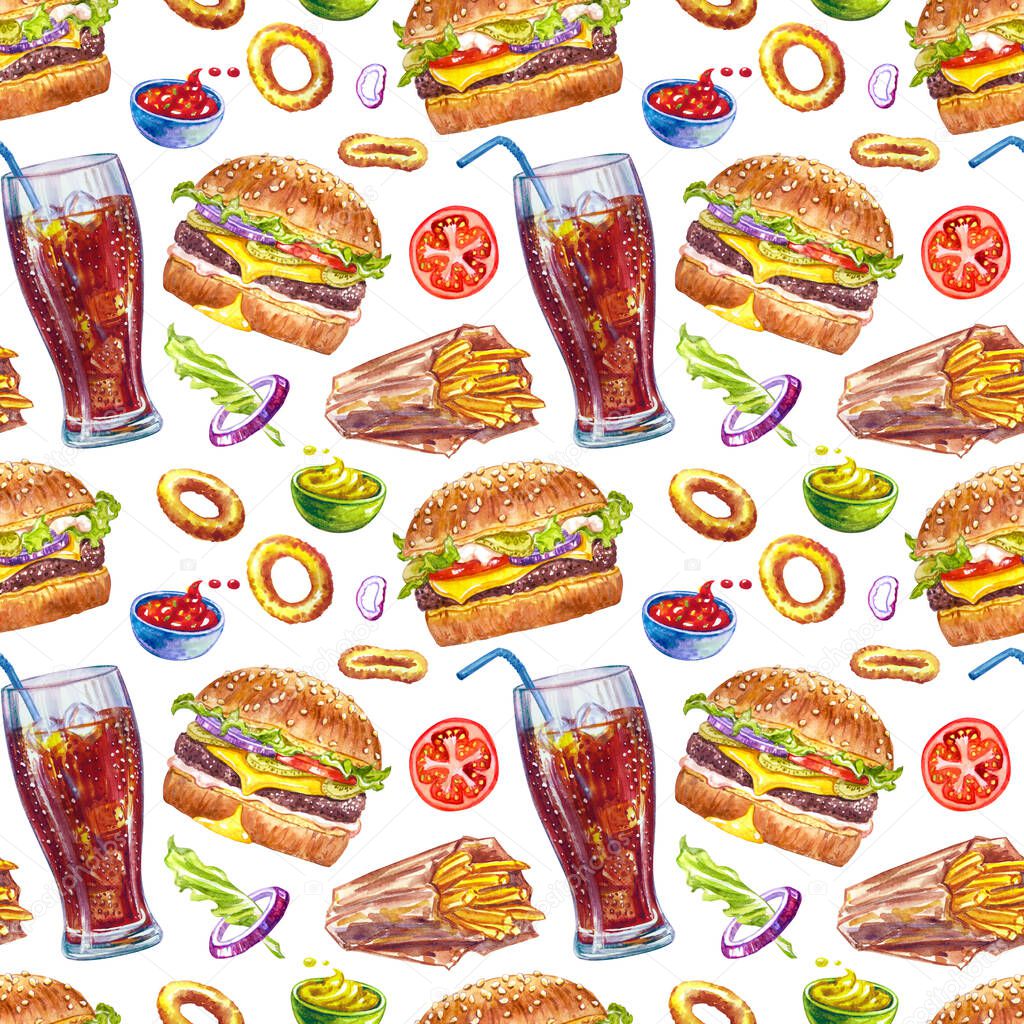 Pattern with hamburgers, fries, onion rings and cola on a white background. Fast food background for menus, wallpapers, textiles and other designs, watercolor illustration.