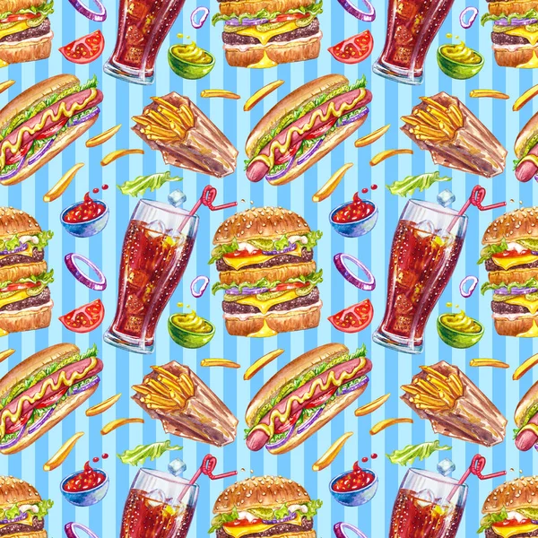 Seamless Pattern Hamburger Fries Hot Dog Cola Striped Background Watercolor — Stock Photo, Image