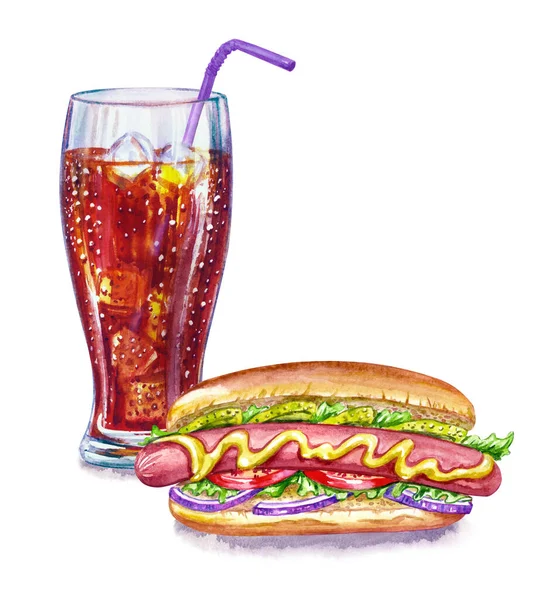 Skleněný Pohár Colou Hot Dogy Akvarel Bílém Pozadí Rychlé Občerstvení — Stock fotografie