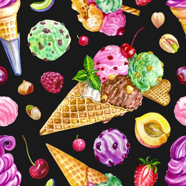 Ice cream and fruit seamless pattern on a black background. Fast food, watercolor illustration for the menu, print for fabric, wrapping paper, postcards and other designs.