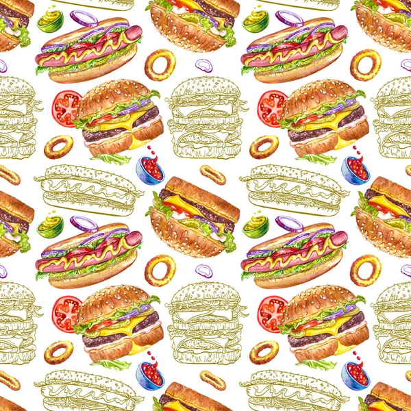 Seamless pattern with hamburgers, cola and hot dogs on a white background. Fast food, watercolor illustration for the menu, print for fabric, wrapping paper, postcards and other designs.