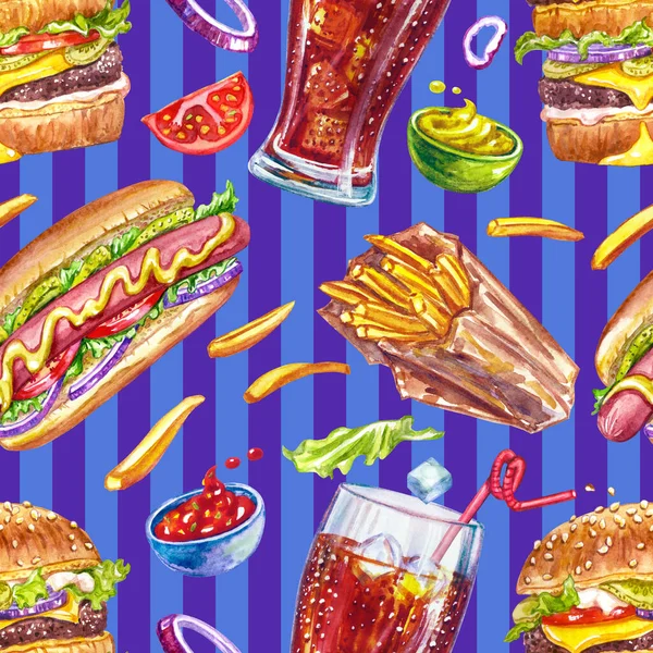 Bezešvé Vzor Hamburgery Cola Hranolky Omáčky Párky Rohlíku Modrém Pruhovaném — Stock fotografie