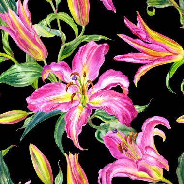 Siyah arkaplanda pembe zambak deseni, suluboya çizimi, kumaş, duvar kağıdı, ambalaj kağıdı, ev mobilyası dekorasyonu ve diğer tasarımlar için baskı.