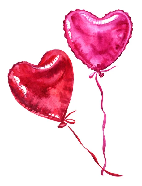 Deux Ballons Rouges Forme Cœur Illustration Aquarelle Sur Fond Blanc — Photo