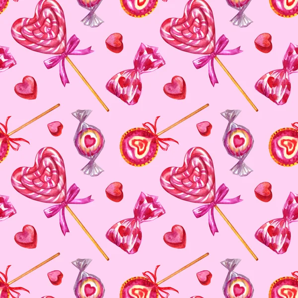 Zökkenőmentes Minta Nyalókák Édességek Szívvel Lekvár Formájában Szív Rózsaszín Alapon — Stock Fotó