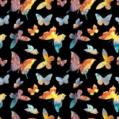 Siyah bir zemin üzerinde suluboya kelebeklerin kusursuz deseni kumaş, ambalaj kağıdı ve diğer dihain.