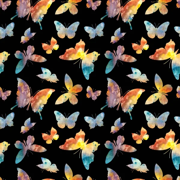 Siyah bir zemin üzerinde suluboya kelebeklerin kusursuz deseni kumaş, ambalaj kağıdı ve diğer dihain.