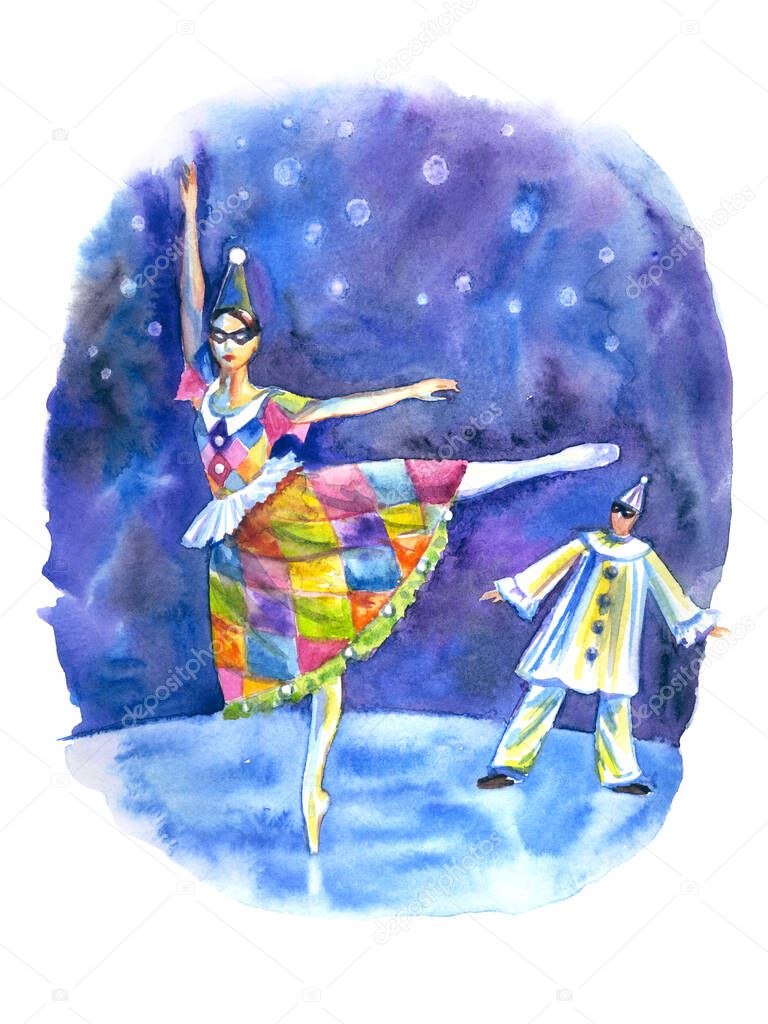 Ballet dancers Columbine and Pierrot on stage, watercolor illustration, poster print, paintings, book illustration and other designs.